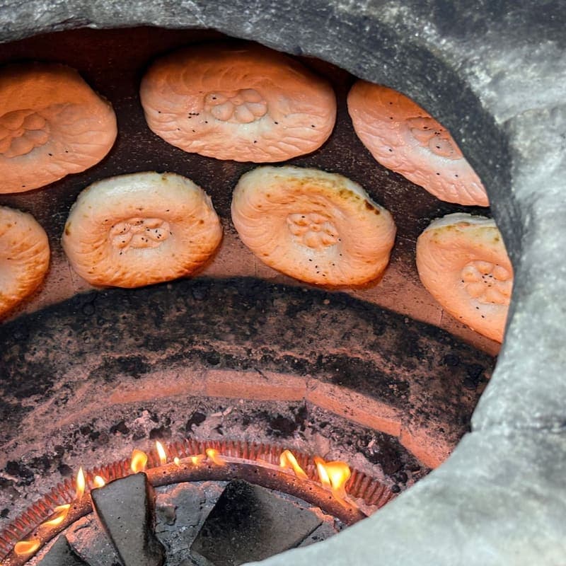 Stamped round breads baking on the wall of a tandoor above flames